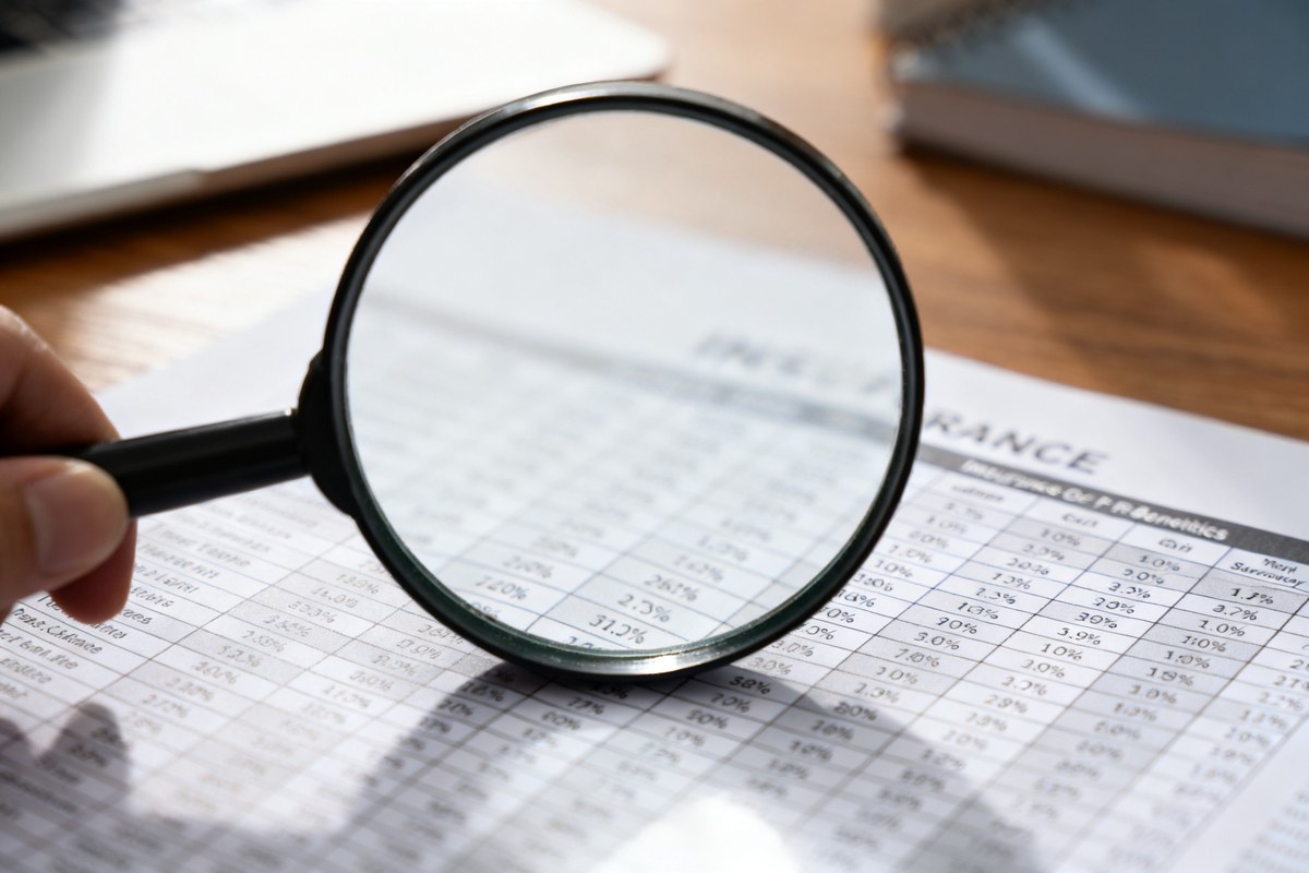 Loupe au-dessus d'un tableau de garanties d'assurance santé avec des pourcentages sur un bureau