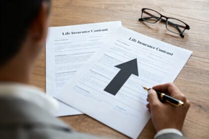 Deux documents de contrat d'assurance vie côte à côte, un stylo plume et des lunettes sur un bureau