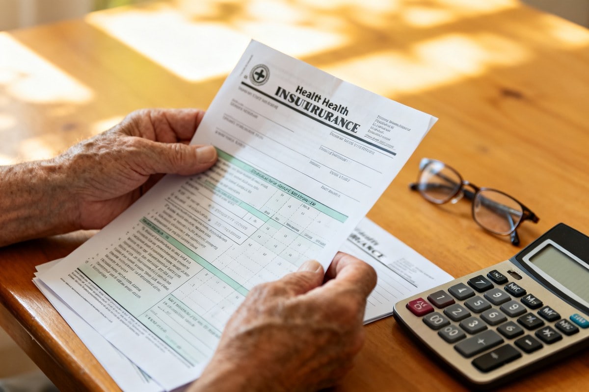 Mains d'une personne âgée tenant des documents de mutuelle santé près d'une calculatrice