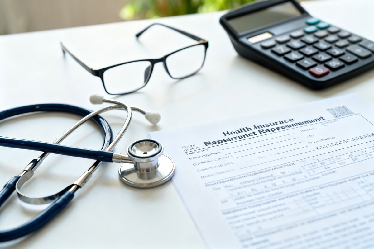 Formulaire de remboursement santé posé près d'un stéthoscope, de lunettes et d'une calculatrice