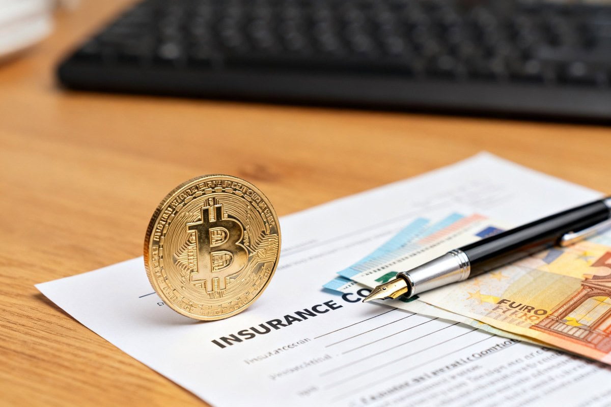 Pièce de cryptomonnaie métallique posée sur un contrat d'assurance, à côté d'un stylo et de billets en euros