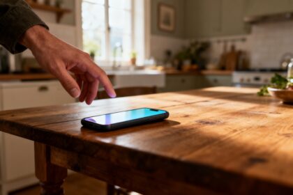 Main tendue vers un smartphone allumé posé sur une table en bois dans une cuisine, lumière douce de fenêtre.