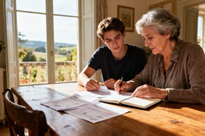 Une femme âgée et un jeune adulte consultent des papiers financiers à une table en bois, près d'une fenêtre lumineuse.