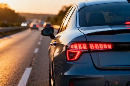 Feux stop arrière allumés d'une voiture récente circulant sur une voie rapide au crépuscule