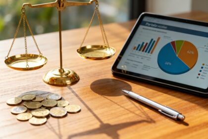Bureau avec une balance, une tablette affichant des camemberts d'allocation de portefeuille, un stylo et des pièces