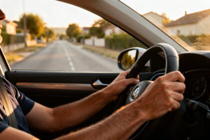 Conducteur au volant d'une voiture, mains sur le volant et ceinture attachée, route en arrière-plan