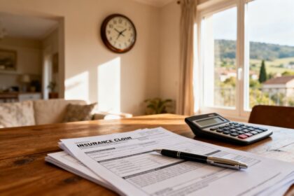 Documents d'un dossier d'assurance et calculatrice posés sur une table en bois, près d'une horloge murale
