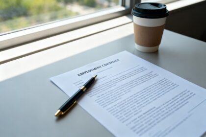 Contrat de travail et stylo sur un bureau près d'une fenêtre