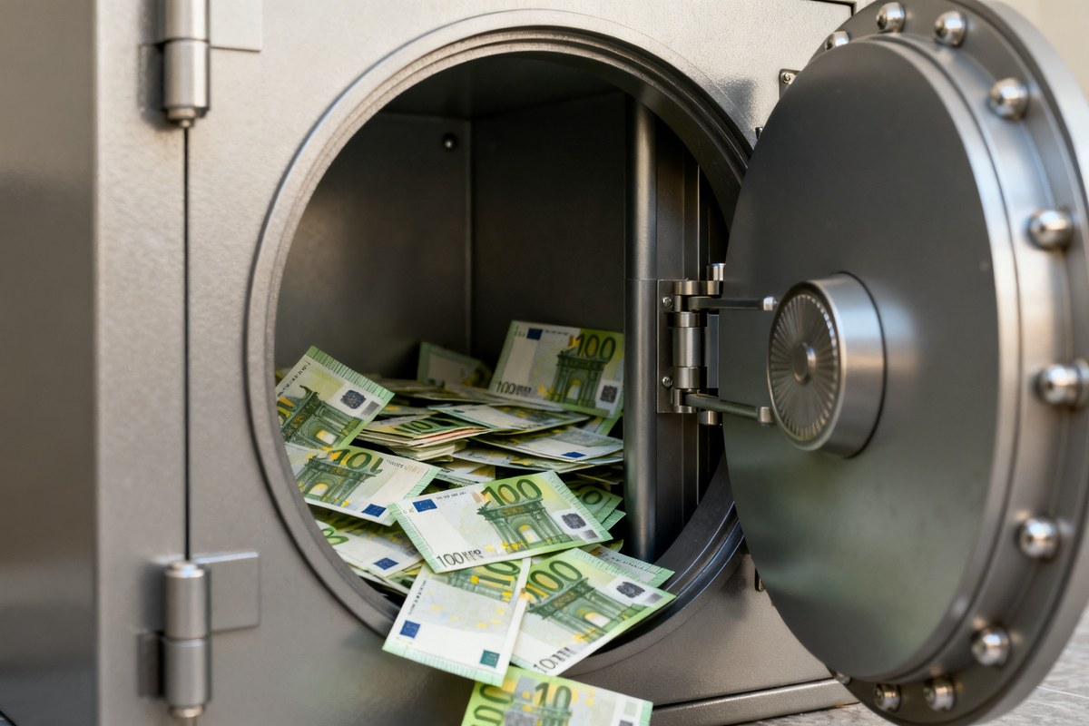 Porte de coffre-fort de banque entrouverte laissant voir des billets en euros, éclairage neutre