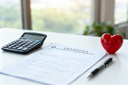 Document de mutuelle santé avec une calculatrice, un stylo et un petit cœur rouge sur un bureau