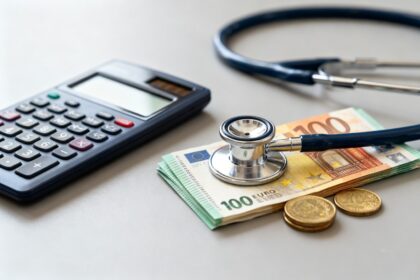 Un stéthoscope posé sur des billets et des pièces en euros à côté d'une calculatrice.