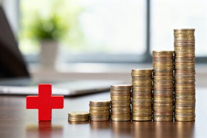 Escalier ascendant de pièces en euros à côté d'un petit symbole de croix médicale rouge