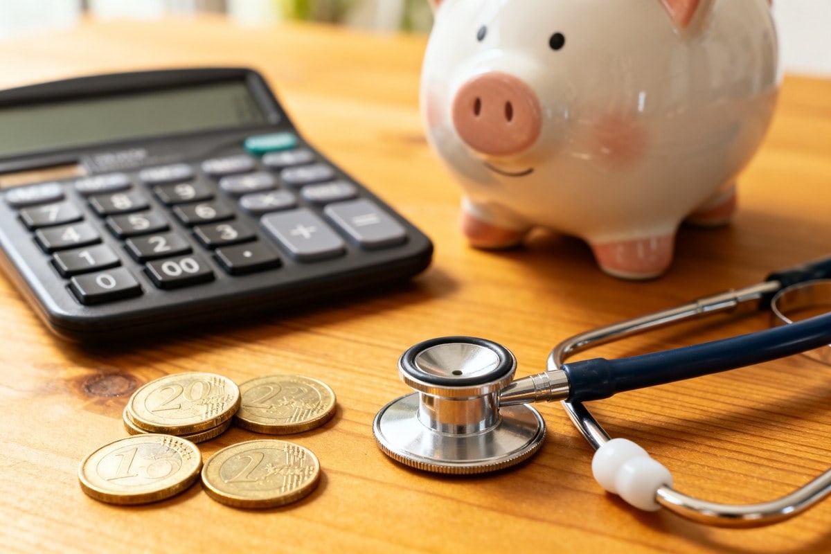 Calculatrice, pièces en euros et tirelire à côté d'un stéthoscope sur une table en bois