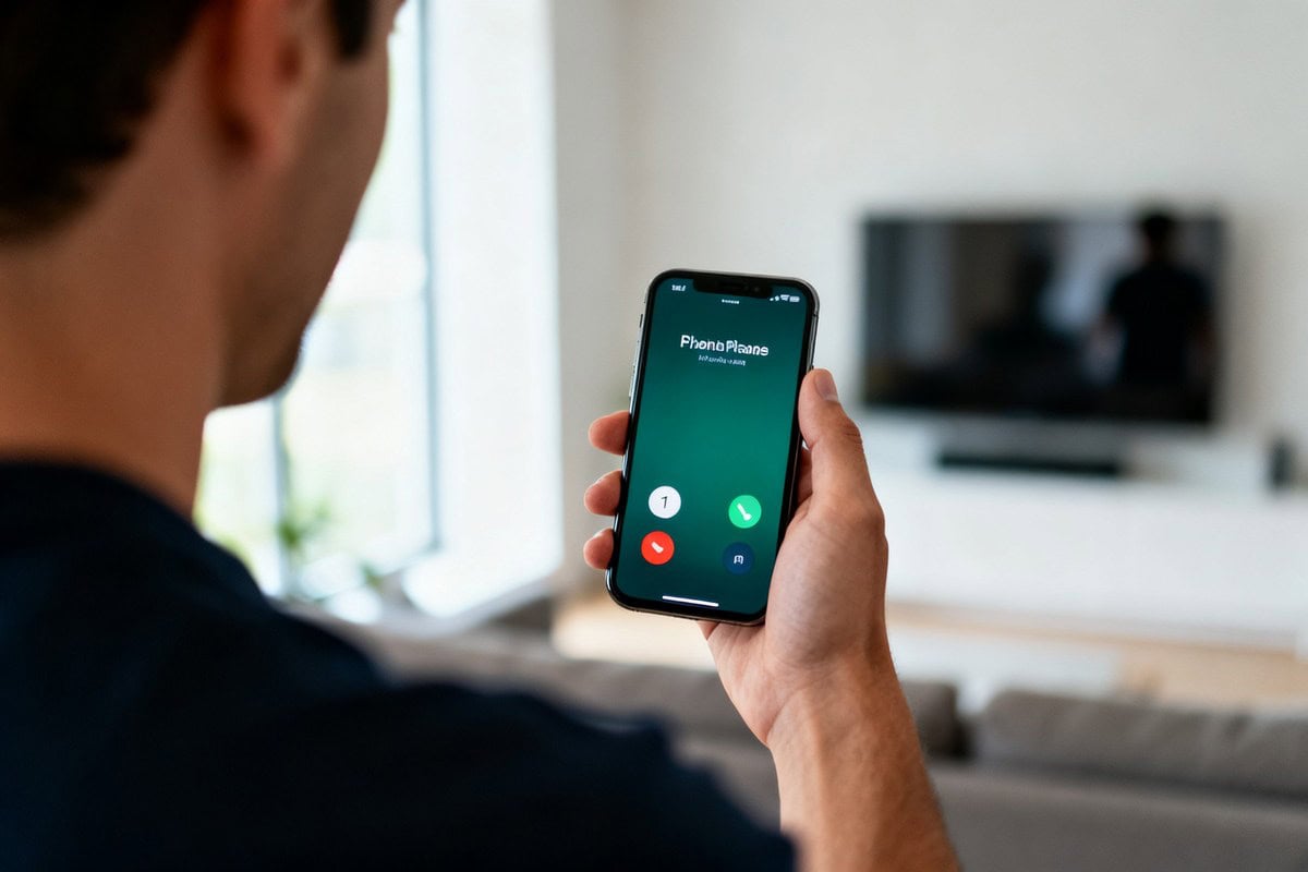Une main tient un smartphone affichant un appel entrant, dans un intérieur lumineux