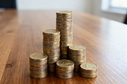 Hautes piles de pièces en euros de hauteur croissante sur une table en bois