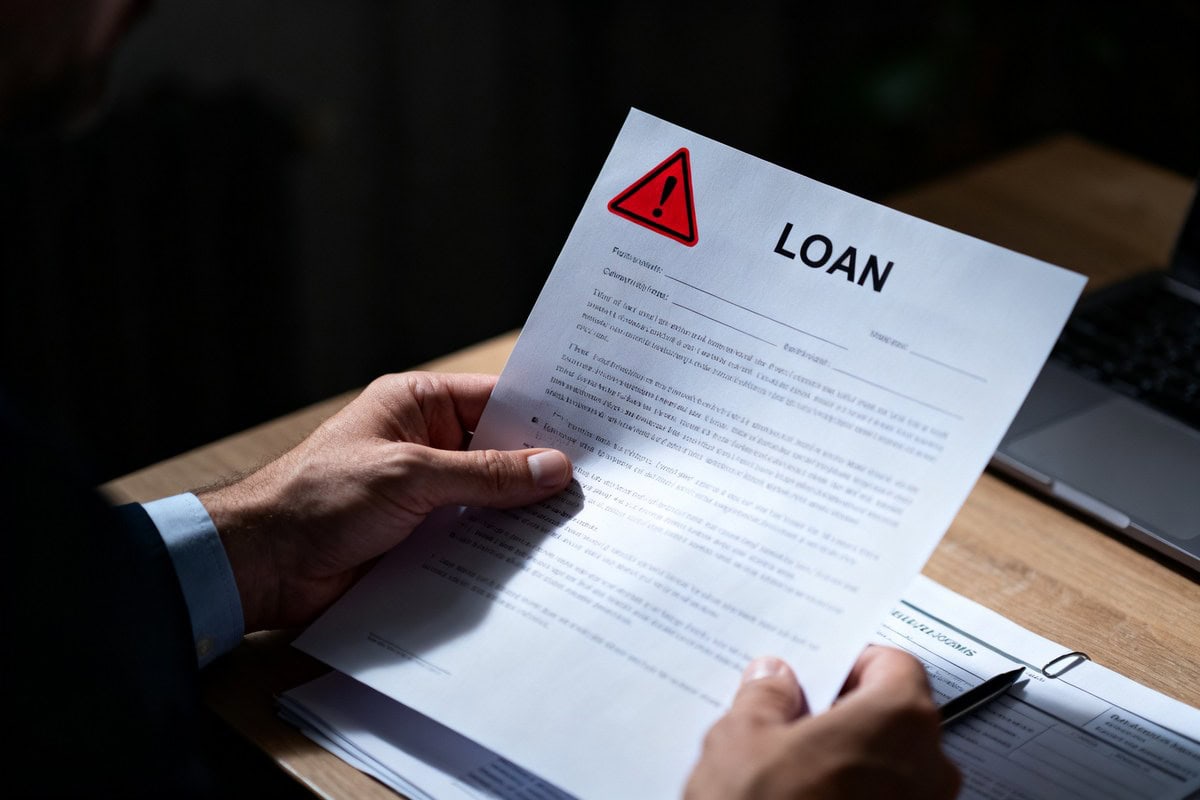 Main inquiète tenant un contrat de prêt sous un éclairage tamisé évoquant un avertissement
