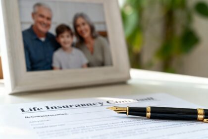 Stylo plume posé sur un document de clause bénéficiaire d'assurance vie, cadre photo flou en arrière-plan