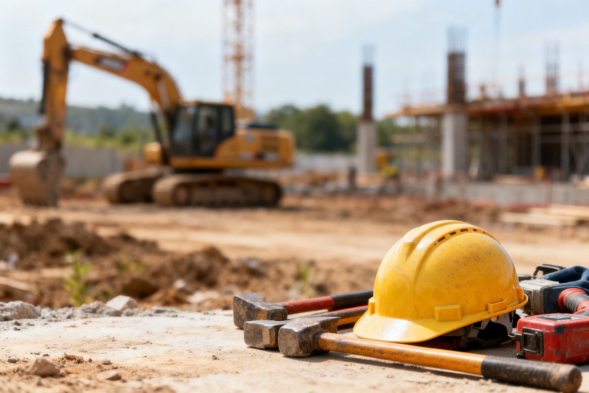 Chantier avec casque de sécurité et outils