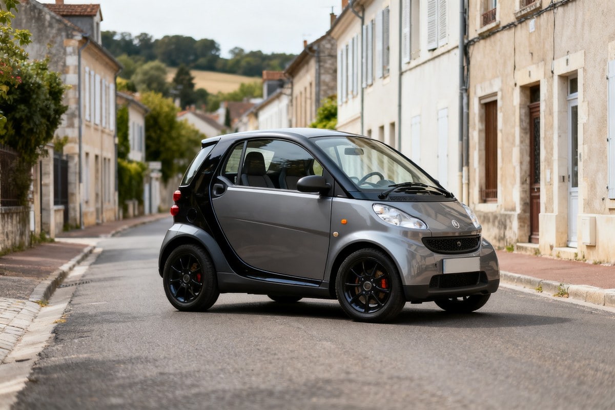 Petite voiture sans permis stationnée dans une rue calme d'une ville française