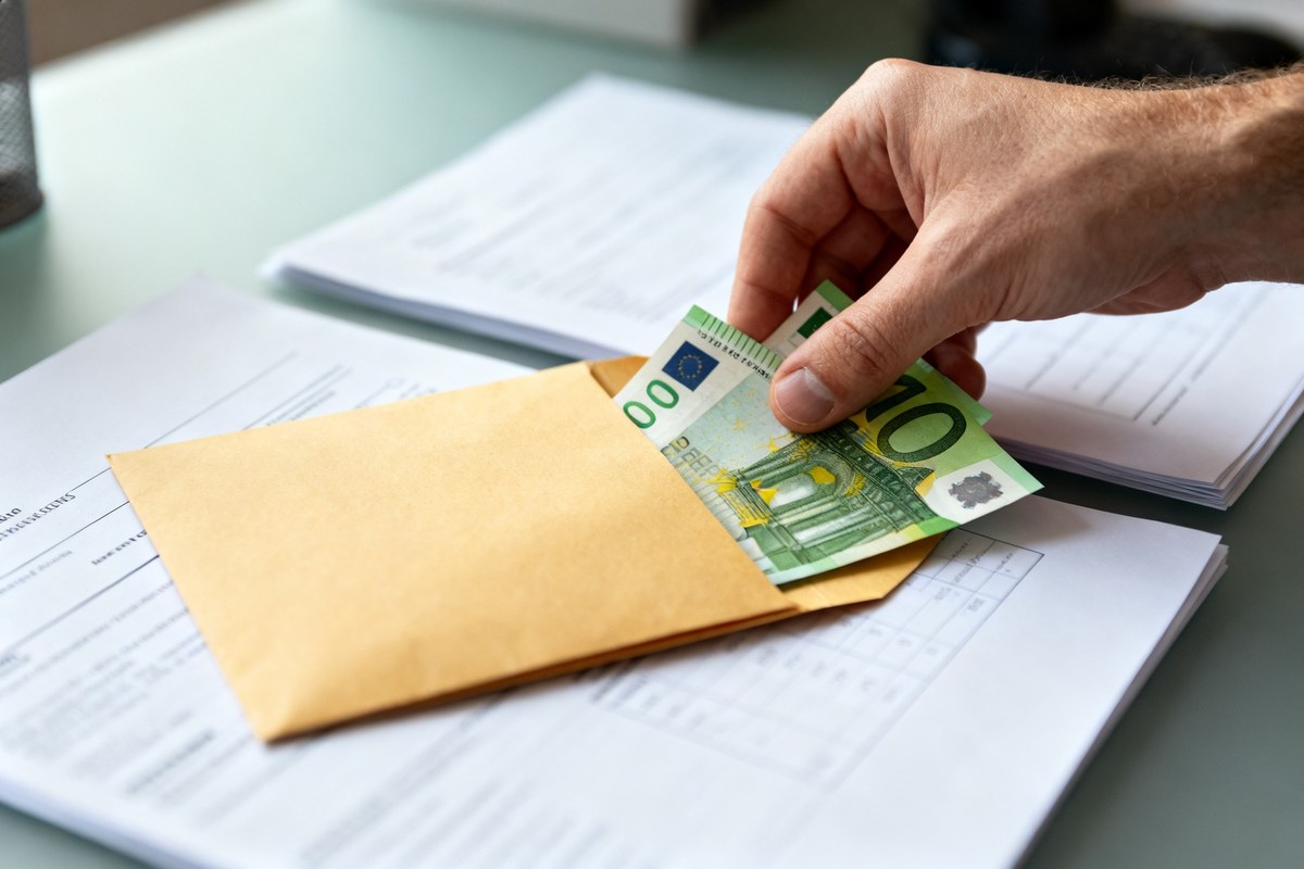 Main replaçant des billets en euros dans une enveloppe d'épargne ouverte sur un bureau