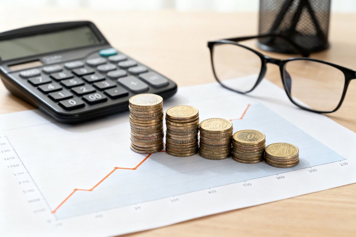 Bureau avec courbe ascendante, calculatrice, lunettes et piles de pièces en euros croissantes