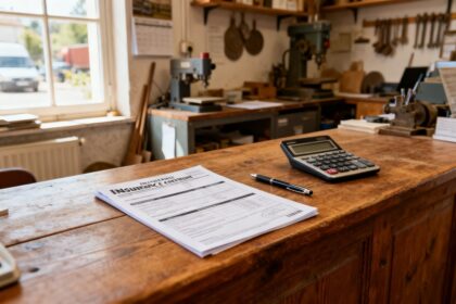 Comptoir en bois d'un atelier artisanal avec des documents de contrat d'assurance, une calculatrice et un stylo.