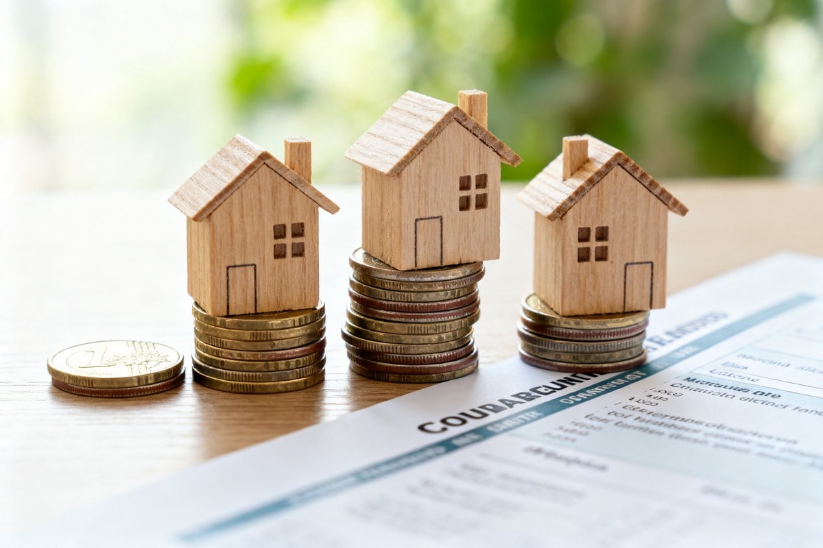 Petites maisons en bois posées sur des piles de pièces en euros à côté d'un document d'épargne