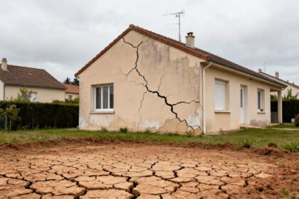 Maison pavillonnaire française fissurée par la sécheresse sur sol argileux.