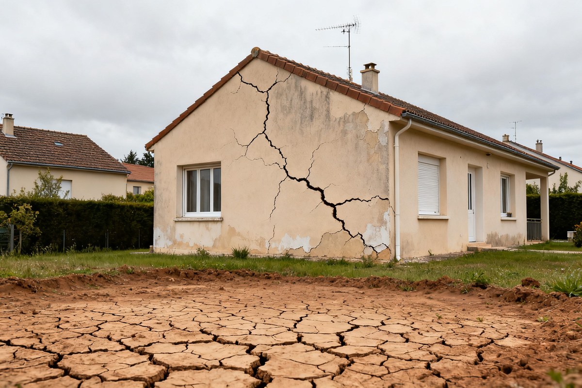 Maison pavillonnaire française fissurée par la sécheresse sur sol argileux.