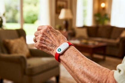 Poignet d'une personne âgée portant un bracelet d'alerte médicale avec bouton d'urgence