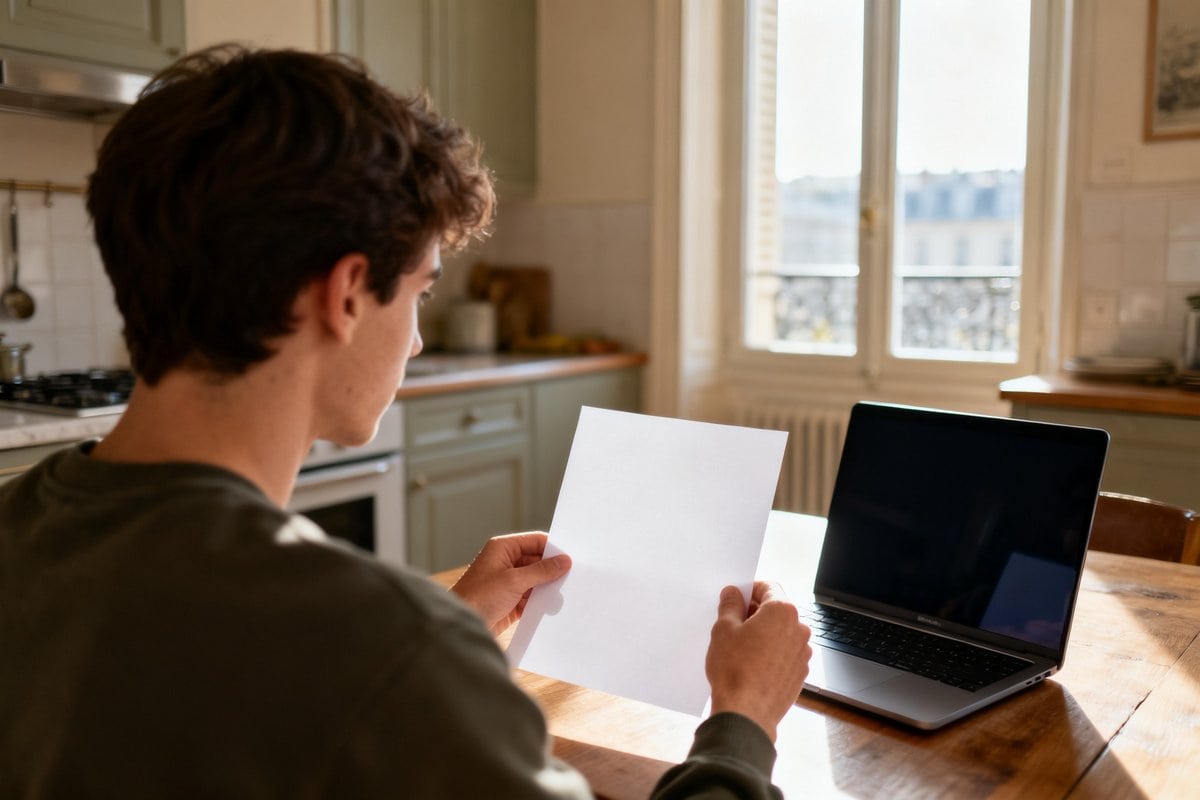 Jeune homme de dos à une table de cuisine, tenant une feuille de papier devant un ordinateur portable ouvert