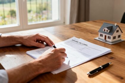 Mains signant des documents d'assurance de prêt immobilier à côté d'une petite maquette de maison sur un bureau