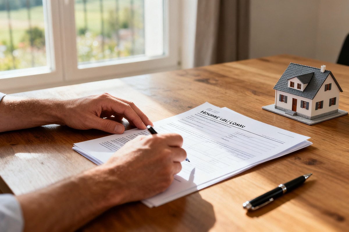 Mains signant des documents d'assurance de prêt immobilier à côté d'une petite maquette de maison sur un bureau