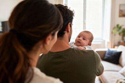 Un parent tenant un nouveau-né dans ses bras près d'une fenêtre lumineuse