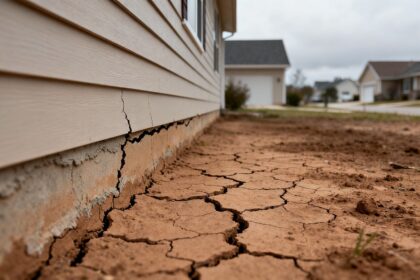 Mur fissuré d'une maison individuelle bâtie sur un sol argileux desséché
