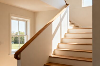 Escalier intérieur d'une maison lumineuse avec une rampe en bois et des marches en bois, près d'une fenêtre.