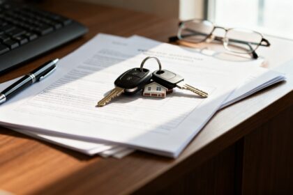 Clés de voiture et clés de maison posées sur des documents d'assurance, sur un bureau en bois.