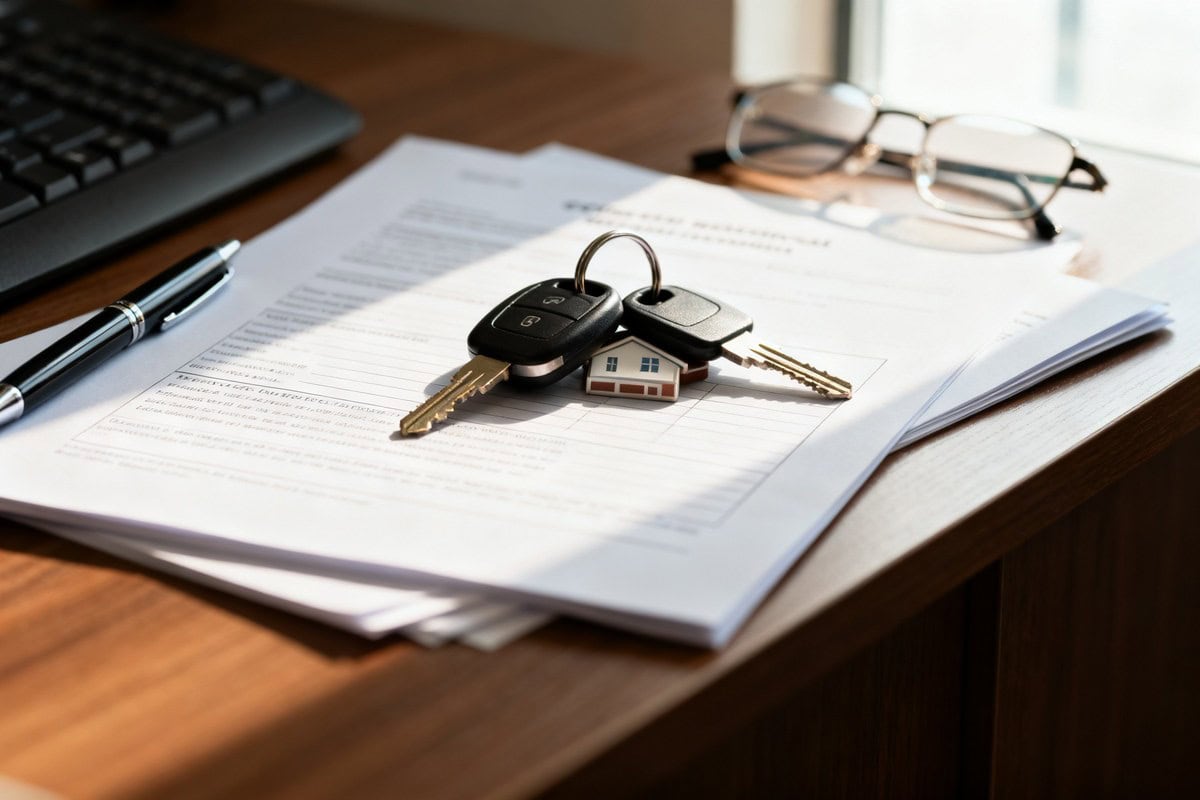 Clés de voiture et clés de maison posées sur des documents d'assurance, sur un bureau en bois.