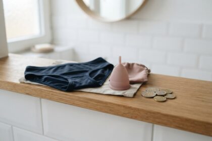 Culotte menstruelle, coupe menstruelle et pièces en euros posées sur une étagère en bois dans une salle de bain claire