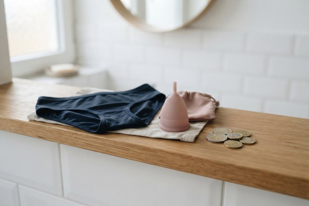 Culotte menstruelle, coupe menstruelle et pièces en euros posées sur une étagère en bois dans une salle de bain claire