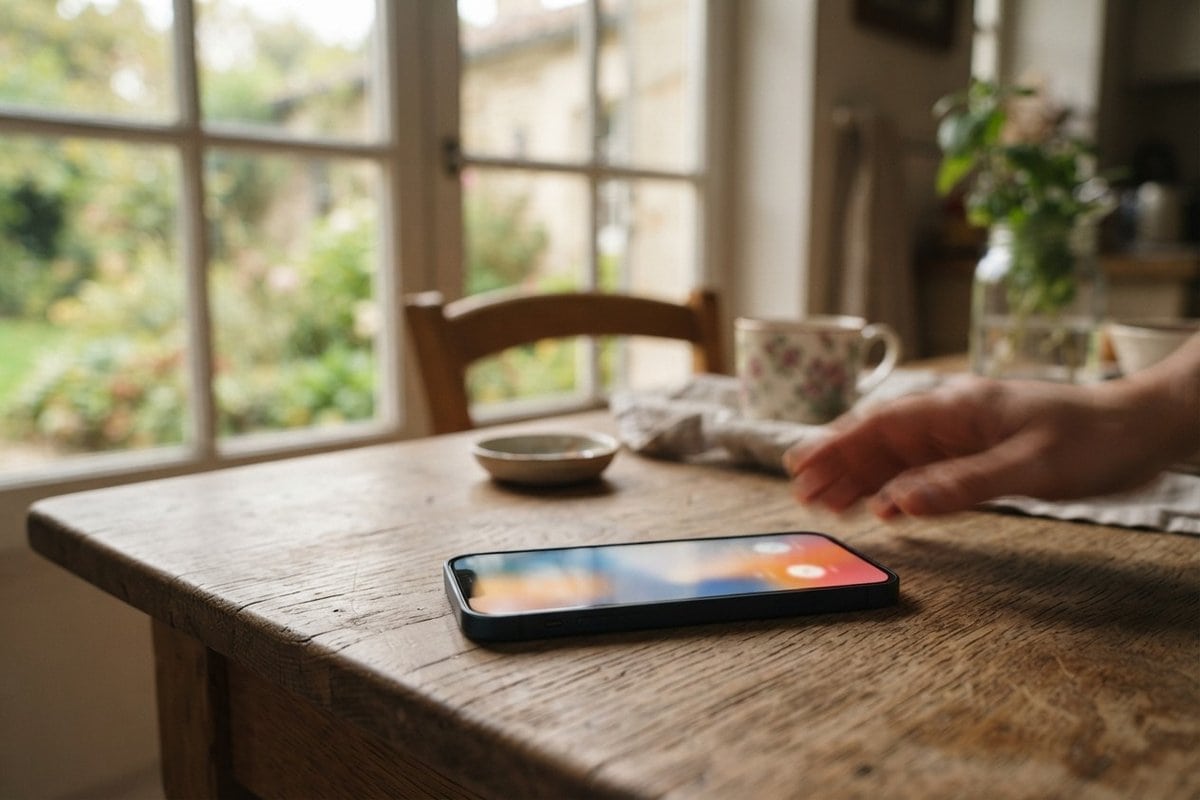Un smartphone posé sur une table en bois affiche un appel entrant, une main s'avance pour le saisir dans une cuisine lumineuse.