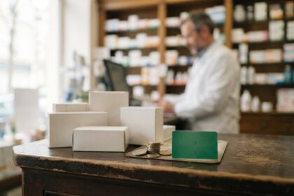 Comptoir de pharmacie avec des boîtes de médicaments, des pièces d'euros et une carte verte, pharmacien flou en arrière-plan