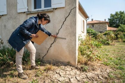 Une experte mesure une large fissure sur le mur d'une maison, sol argileux craquelé au premier plan sous le soleil.