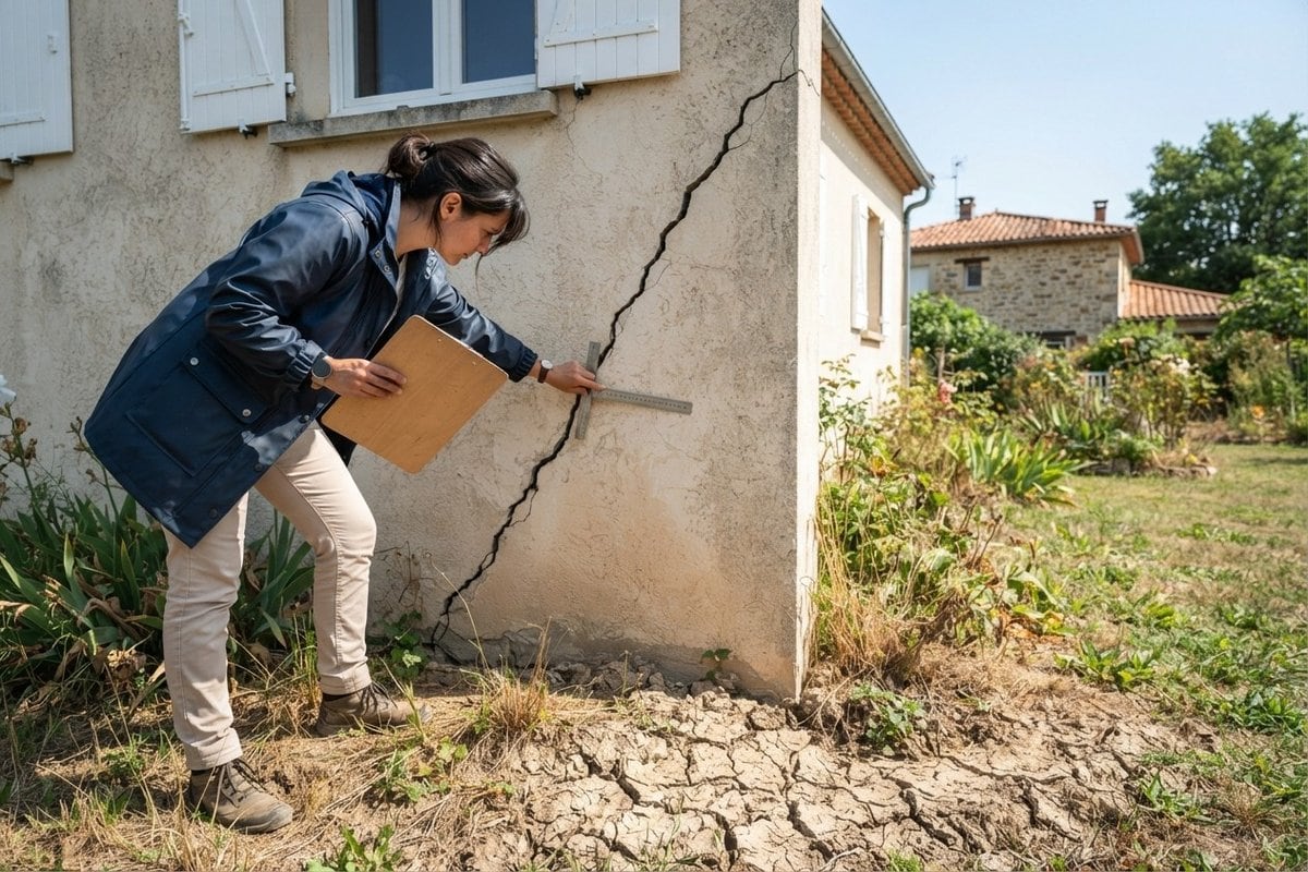 Une experte mesure une large fissure sur le mur d'une maison, sol argileux craquelé au premier plan sous le soleil.