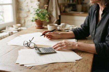 Femme d'âge mûr examinant des documents administratifs à une table en bois, avec calculatrice, lunettes et stylo