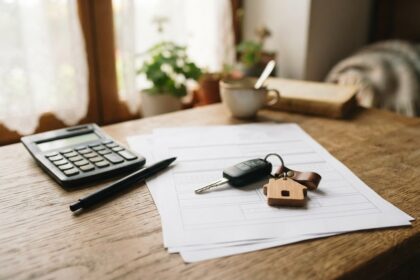 Clé de voiture et porte-clés maison sur des formulaires d'assurance vierges, près d'une calculatrice et d'un stylo