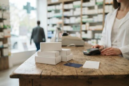 Comptoir de pharmacie avec des boîtes de médicaments, une carte bancaire, un ticket et un terminal de paiement