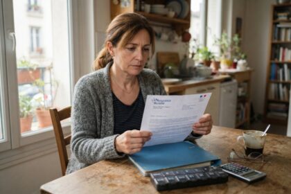 Femme en gilet gris lisant un courrier de l'Assurance Maladie à une table de cuisine, près d'un classeur bleu