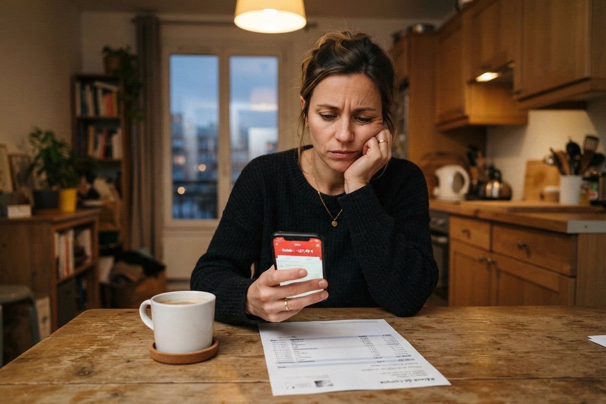 Femme soucieuse à une table de cuisine, smartphone à l'écran rouge en main, relevé bancaire et tasse de café devant elle
