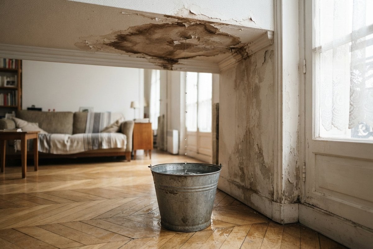 Tache d'eau brune au plafond, gouttes tombant dans un seau posé sur le parquet, mur marqué par l'humidité